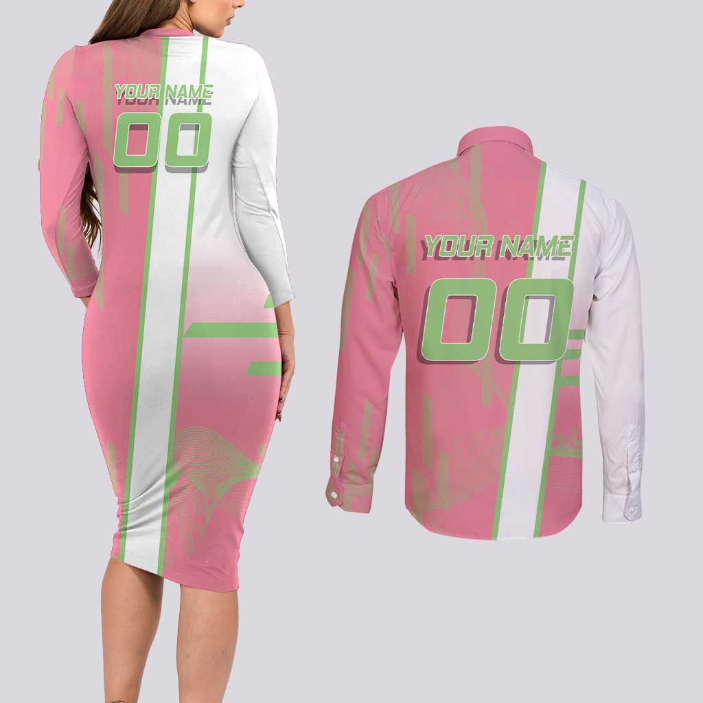 Personalized Mitsuri Kanroji Demon Slayer Badminton Couples Matching Long Sleeve Bodycon Dress and Long Sleeve Button Shirt with Racket Action Pose and Pink Green Graphic Design - The Mazicc