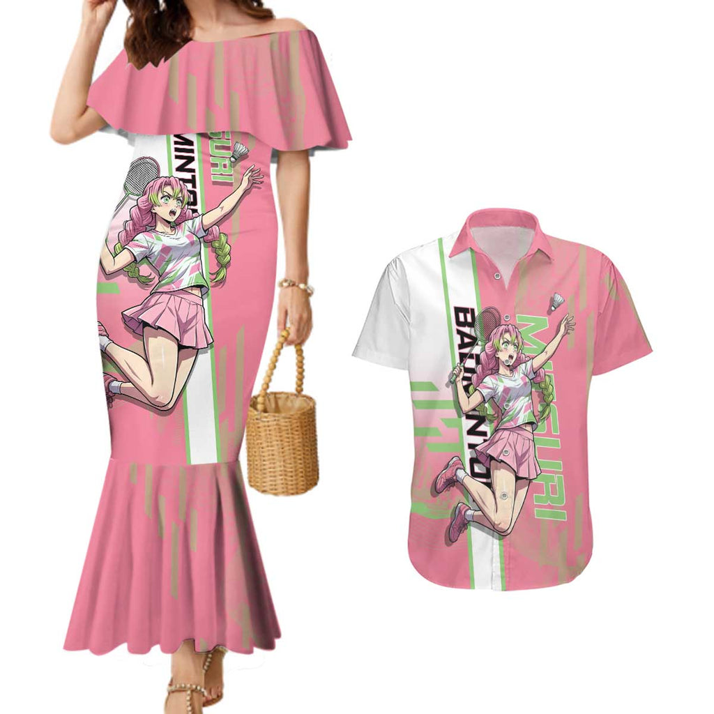 Personalized Mitsuri Kanroji Demon Slayer Badminton Couples Matching Mermaid Dress and Hawaiian Shirt with Racket Action Pose and Pink Green Graphic Design - The Mazicc