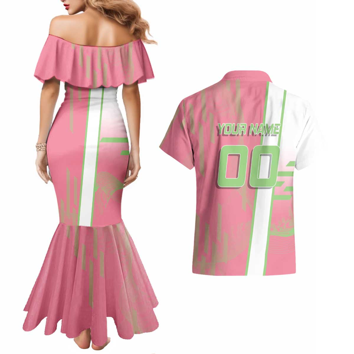 Personalized Mitsuri Kanroji Demon Slayer Badminton Couples Matching Mermaid Dress and Hawaiian Shirt with Racket Action Pose and Pink Green Graphic Design - The Mazicc