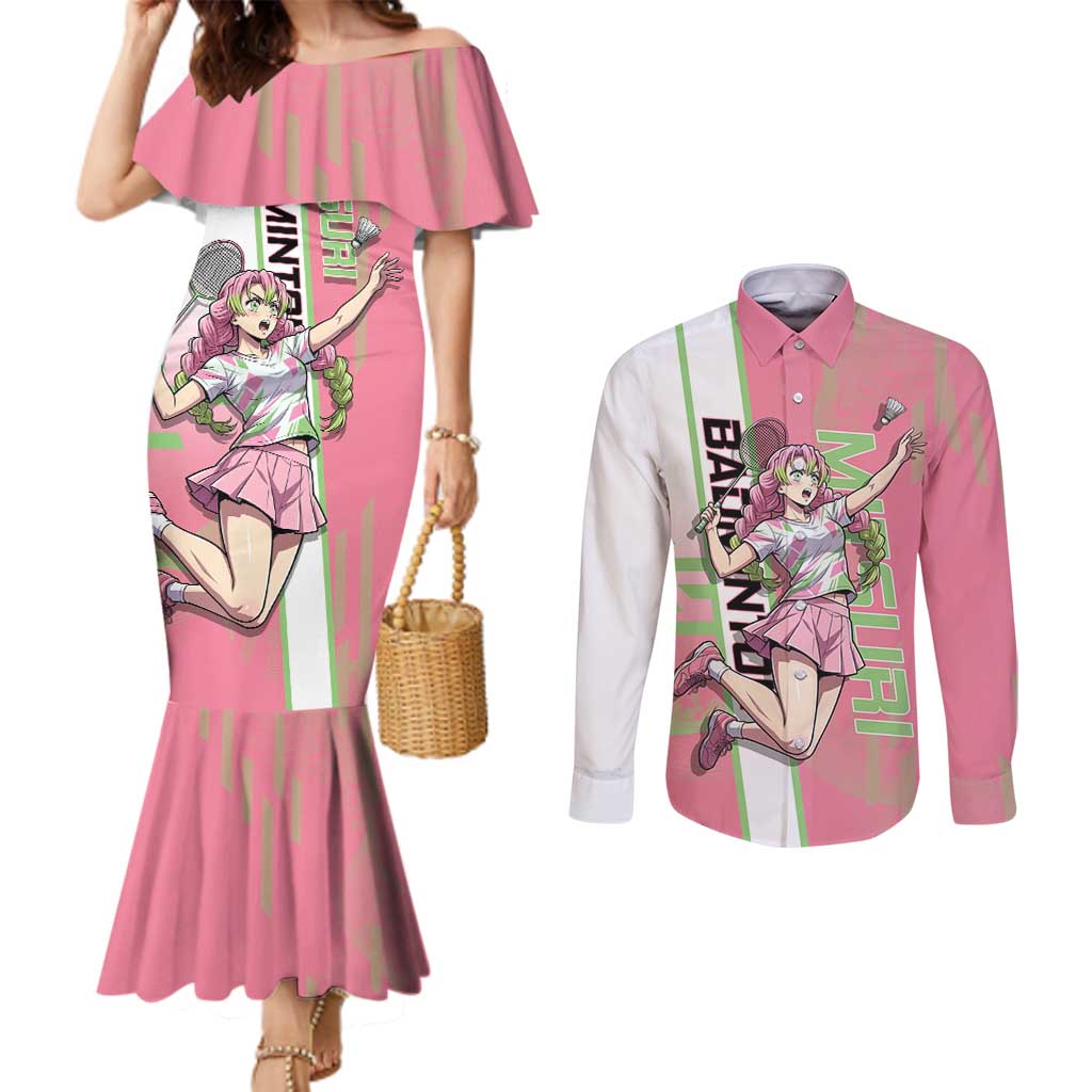 Personalized Mitsuri Kanroji Demon Slayer Badminton Couples Matching Mermaid Dress and Long Sleeve Button Shirt with Racket Action Pose and Pink Green Graphic Design - The Mazicc