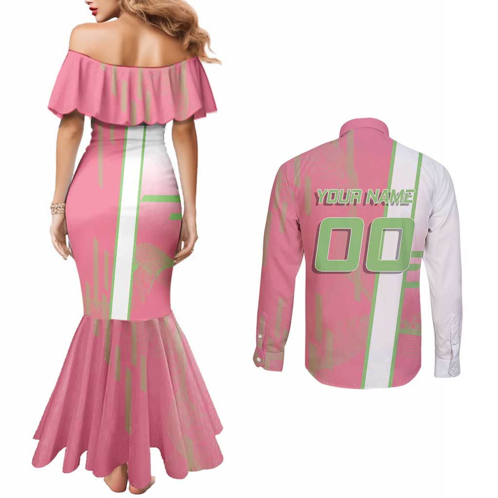 Personalized Mitsuri Kanroji Demon Slayer Badminton Couples Matching Mermaid Dress and Long Sleeve Button Shirt with Racket Action Pose and Pink Green Graphic Design - The Mazicc