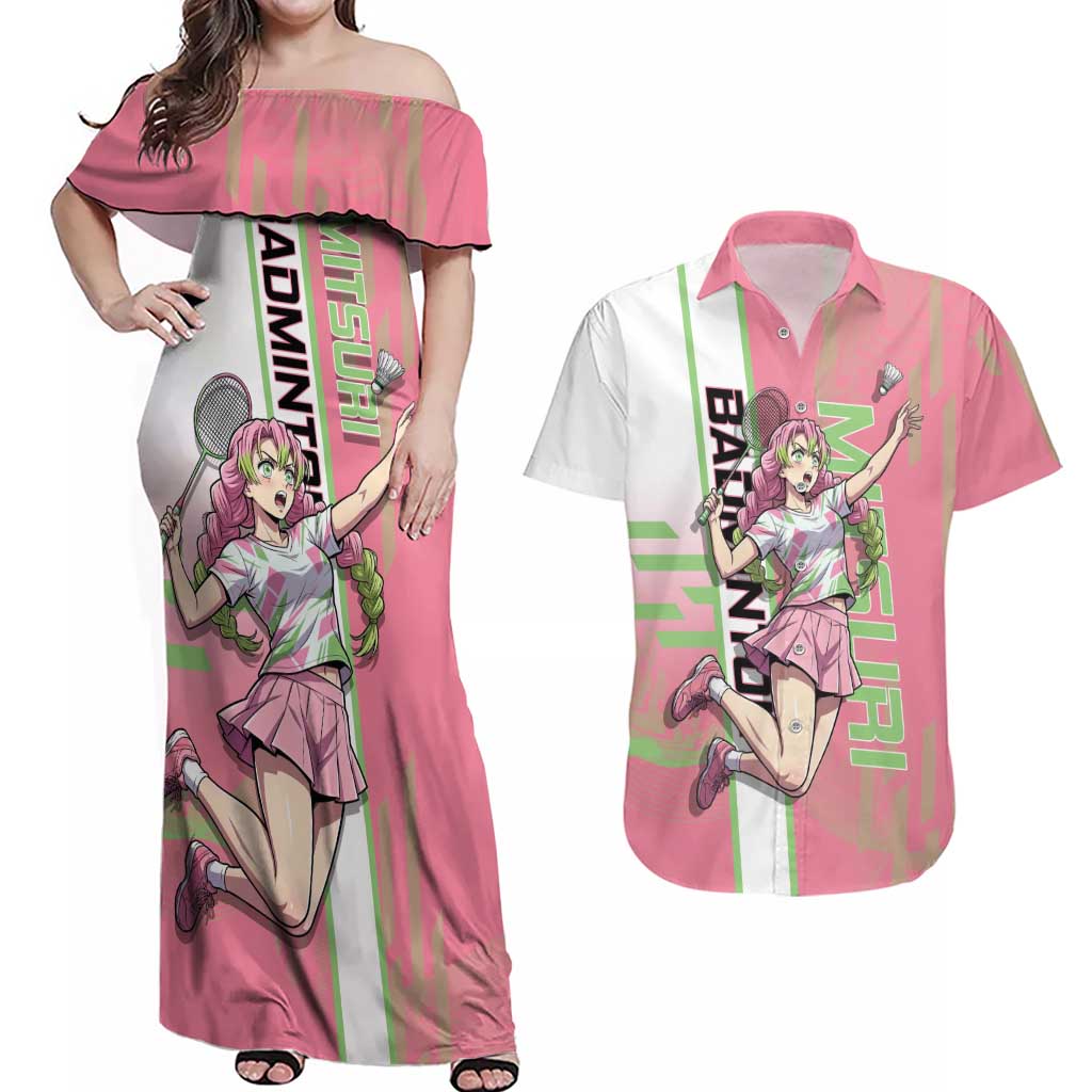 Personalized Mitsuri Kanroji Demon Slayer Badminton Couples Matching Off Shoulder Maxi Dress and Hawaiian Shirt with Racket Action Pose and Pink Green Graphic Design - The Mazicc