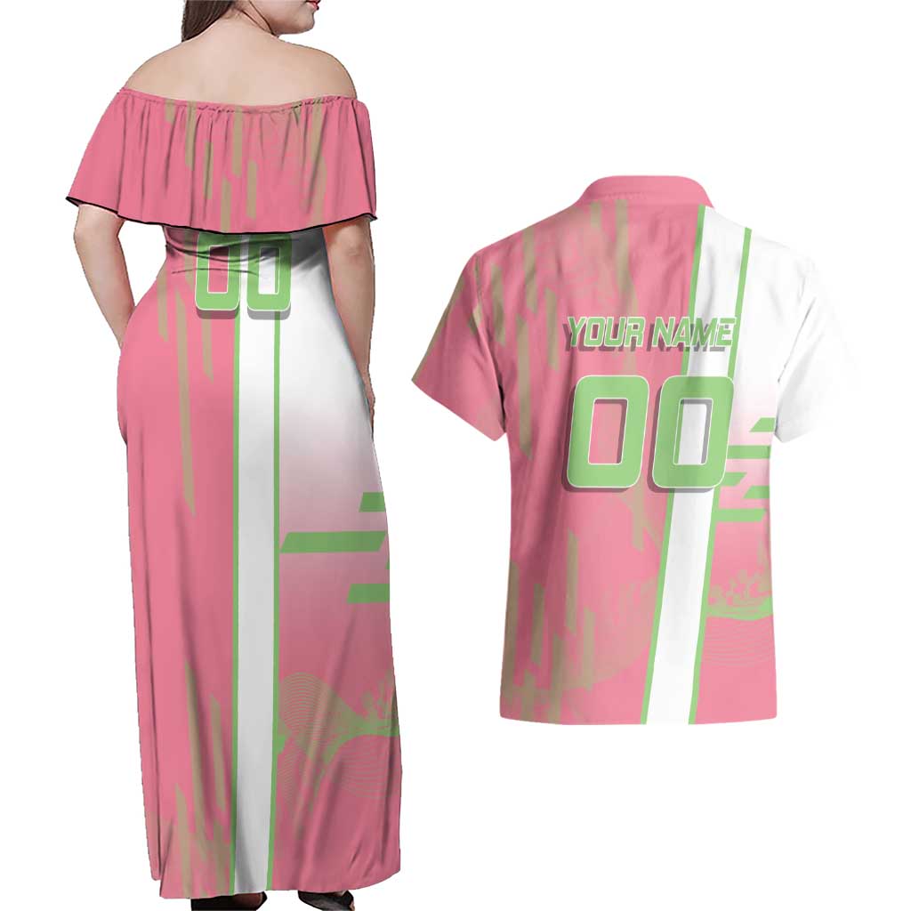 Personalized Mitsuri Kanroji Demon Slayer Badminton Couples Matching Off Shoulder Maxi Dress and Hawaiian Shirt with Racket Action Pose and Pink Green Graphic Design - The Mazicc