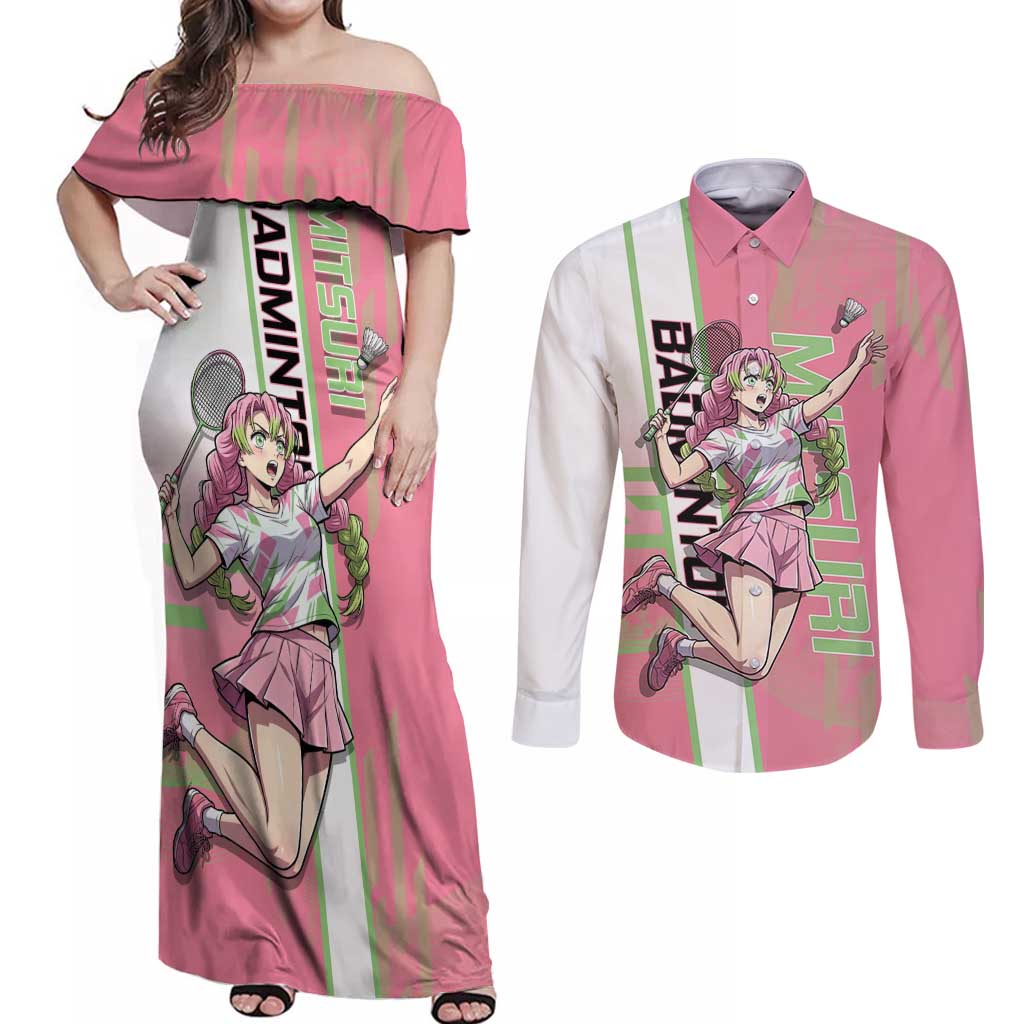 Personalized Mitsuri Kanroji Demon Slayer Badminton Couples Matching Off Shoulder Maxi Dress and Long Sleeve Button Shirt with Racket Action Pose and Pink Green Graphic Design - The Mazicc
