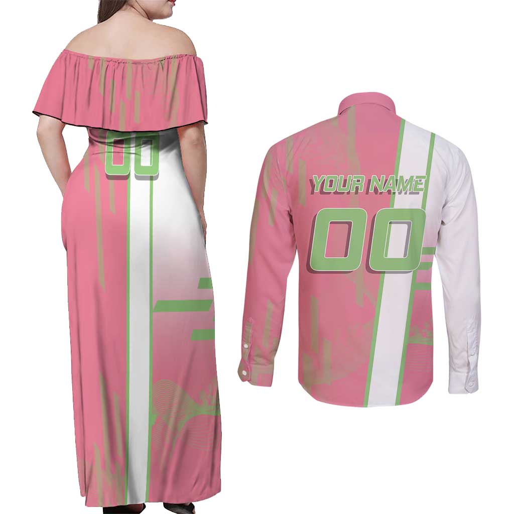 Personalized Mitsuri Kanroji Demon Slayer Badminton Couples Matching Off Shoulder Maxi Dress and Long Sleeve Button Shirt with Racket Action Pose and Pink Green Graphic Design - The Mazicc