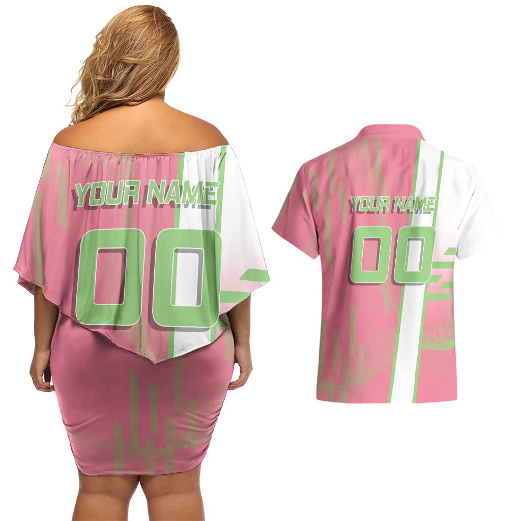 Personalized Mitsuri Kanroji Demon Slayer Badminton Couples Matching Off Shoulder Short Dress and Hawaiian Shirt with Racket Action Pose and Pink Green Graphic Design - The Mazicc