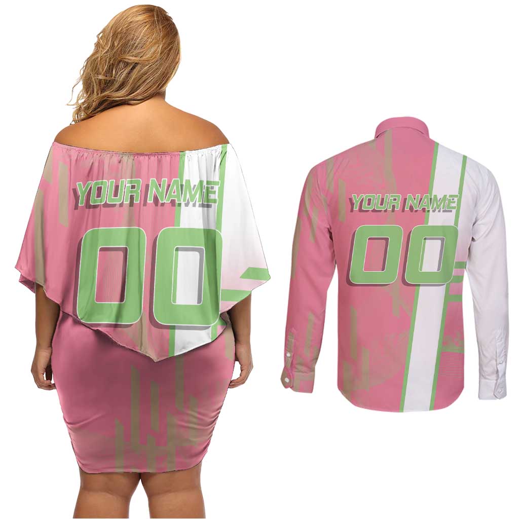 Personalized Mitsuri Kanroji Demon Slayer Badminton Couples Matching Off Shoulder Short Dress and Long Sleeve Button Shirt with Racket Action Pose and Pink Green Graphic Design - The Mazicc