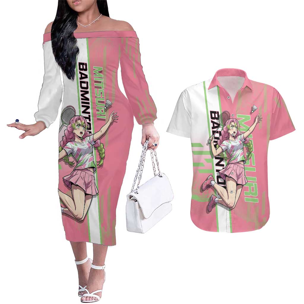 Personalized Mitsuri Kanroji Demon Slayer Badminton Couples Matching Off The Shoulder Long Sleeve Dress and Hawaiian Shirt with Racket Action Pose and Pink Green Graphic Design - The Mazicc