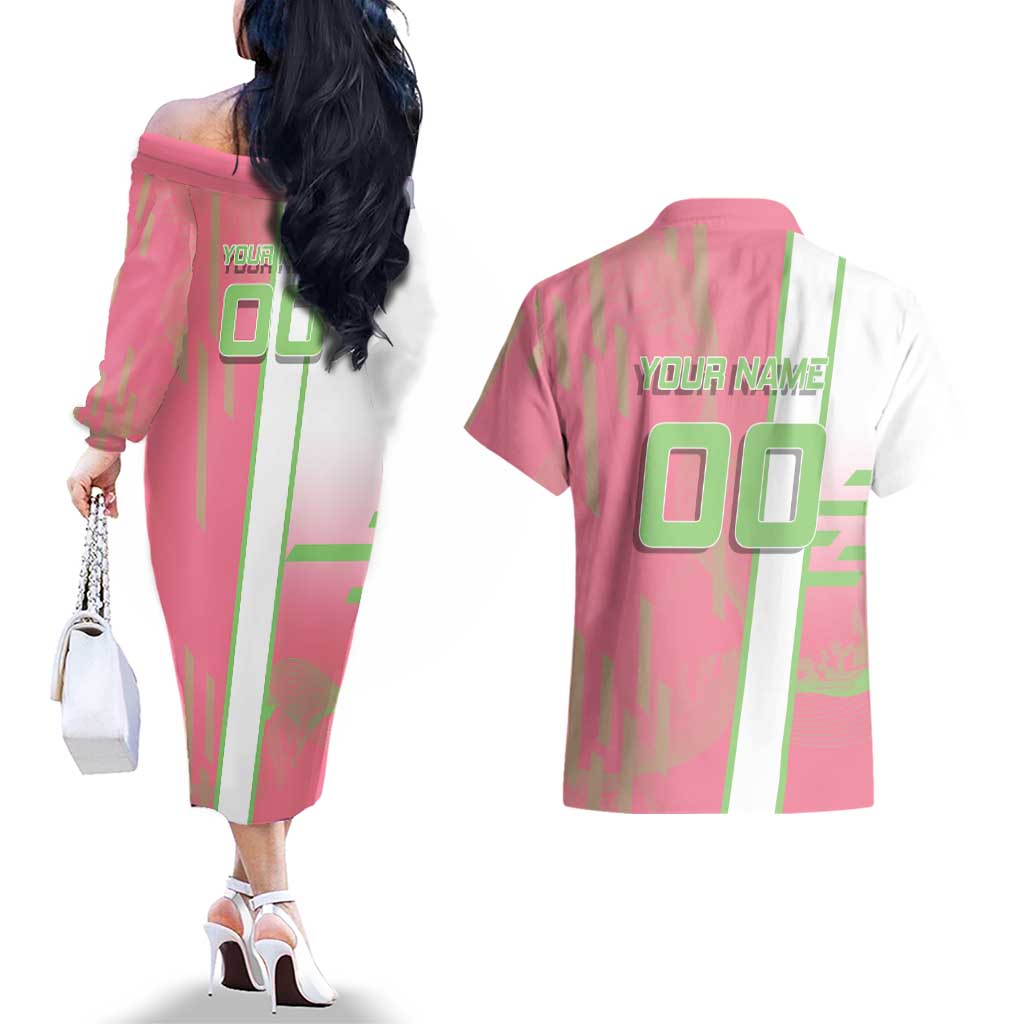 Personalized Mitsuri Kanroji Demon Slayer Badminton Couples Matching Off The Shoulder Long Sleeve Dress and Hawaiian Shirt with Racket Action Pose and Pink Green Graphic Design - The Mazicc