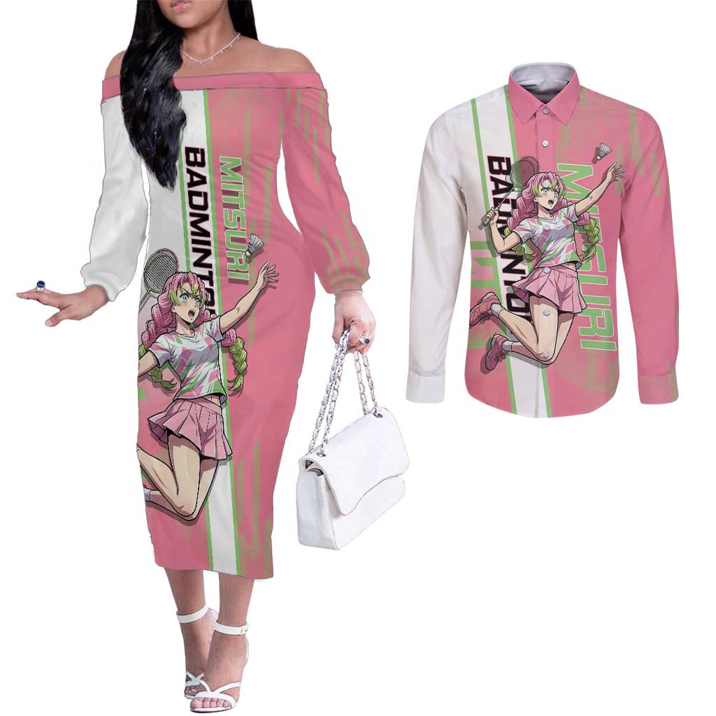 Personalized Mitsuri Kanroji Demon Slayer Badminton Couples Matching Off The Shoulder Long Sleeve Dress and Long Sleeve Button Shirt with Racket Action Pose and Pink Green Graphic Design - The Mazicc