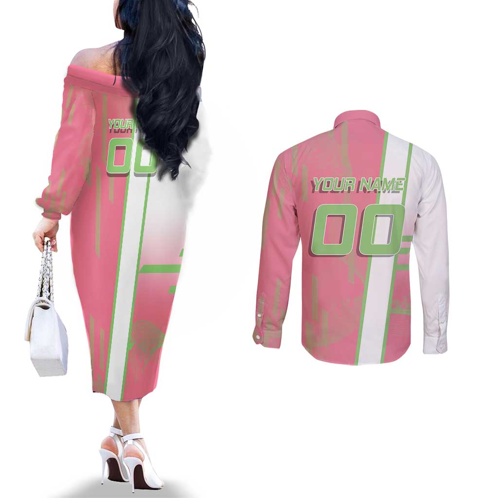 Personalized Mitsuri Kanroji Demon Slayer Badminton Couples Matching Off The Shoulder Long Sleeve Dress and Long Sleeve Button Shirt with Racket Action Pose and Pink Green Graphic Design - The Mazicc