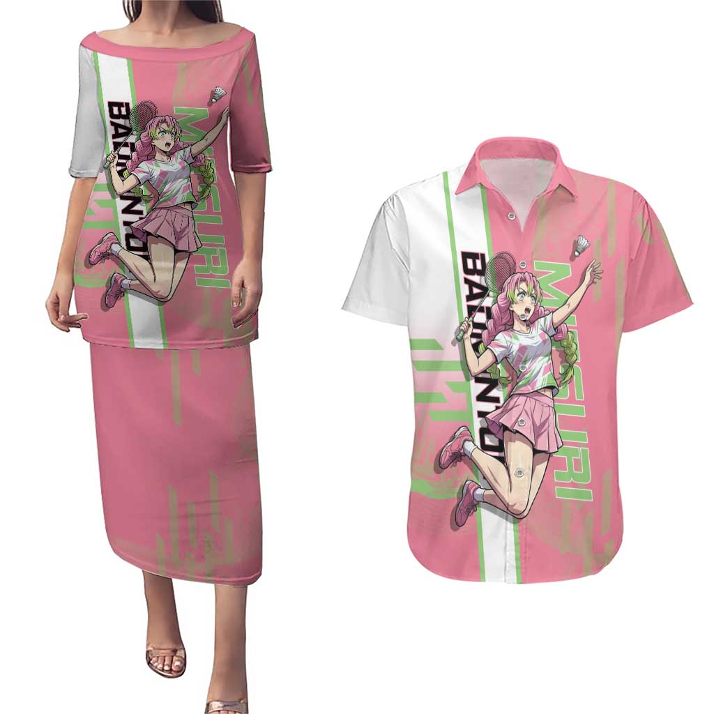 Personalized Mitsuri Kanroji Demon Slayer Badminton Couples Matching Puletasi and Hawaiian Shirt with Racket Action Pose and Pink Green Graphic Design - The Mazicc