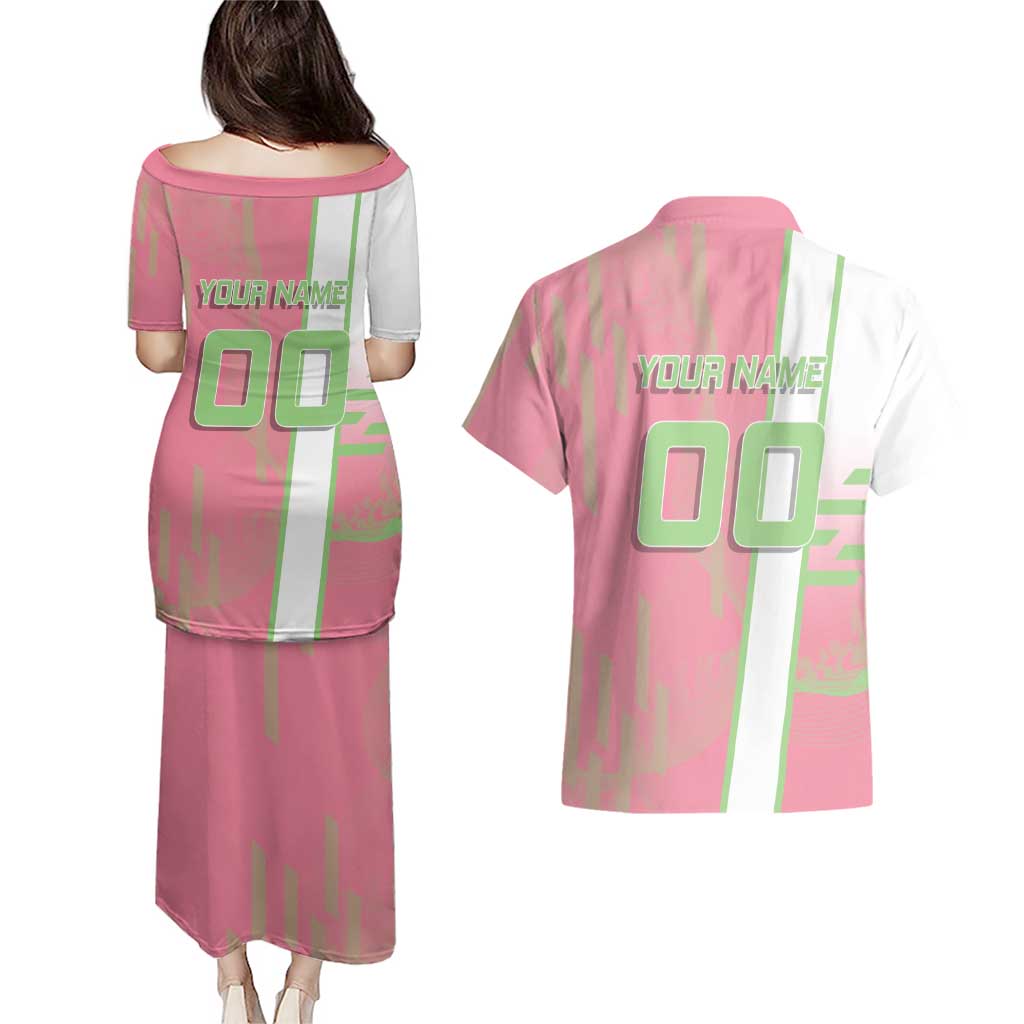 Personalized Mitsuri Kanroji Demon Slayer Badminton Couples Matching Puletasi and Hawaiian Shirt with Racket Action Pose and Pink Green Graphic Design - The Mazicc