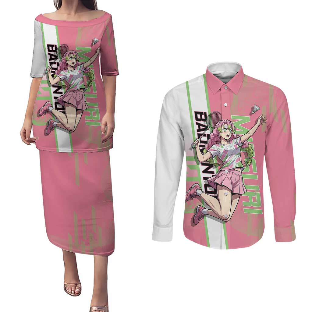 Personalized Mitsuri Kanroji Demon Slayer Badminton Couples Matching Puletasi and Long Sleeve Button Shirt with Racket Action Pose and Pink Green Graphic Design - The Mazicc