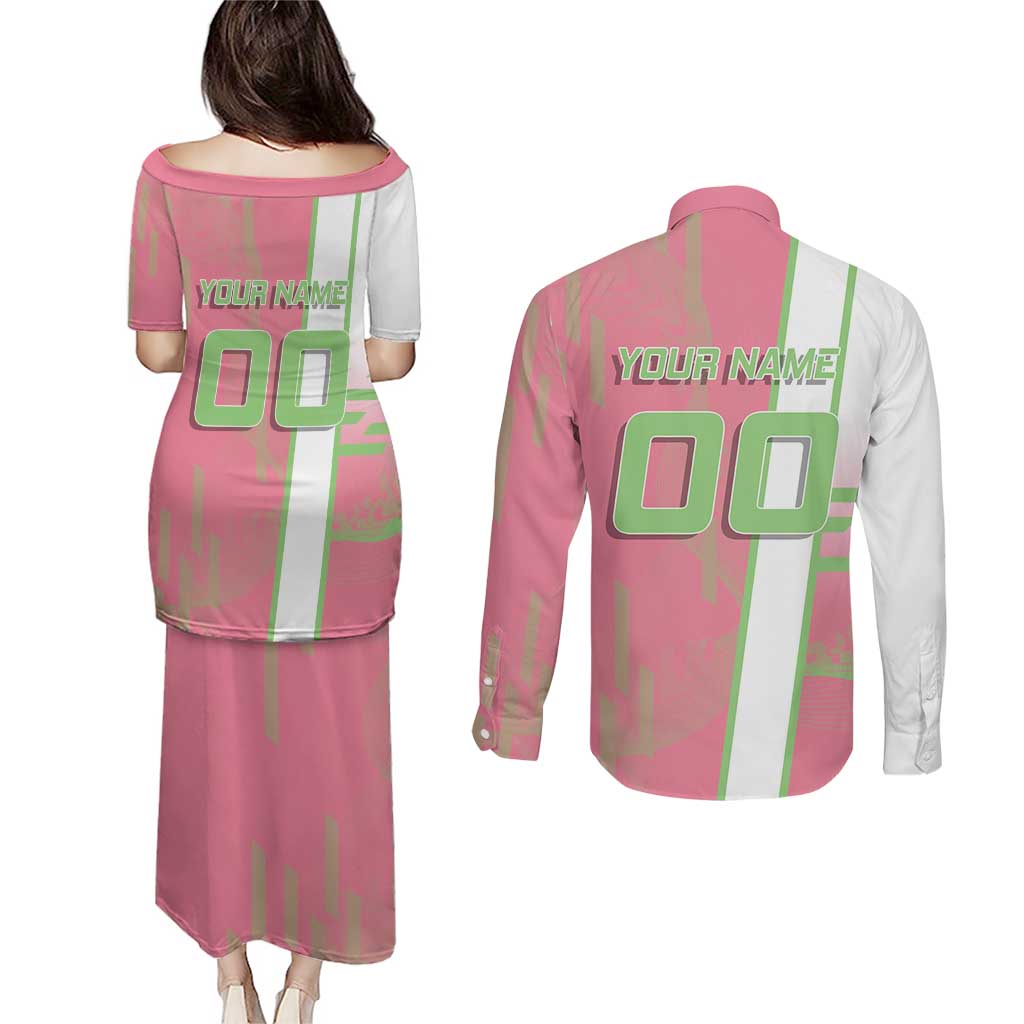 Personalized Mitsuri Kanroji Demon Slayer Badminton Couples Matching Puletasi and Long Sleeve Button Shirt with Racket Action Pose and Pink Green Graphic Design - The Mazicc