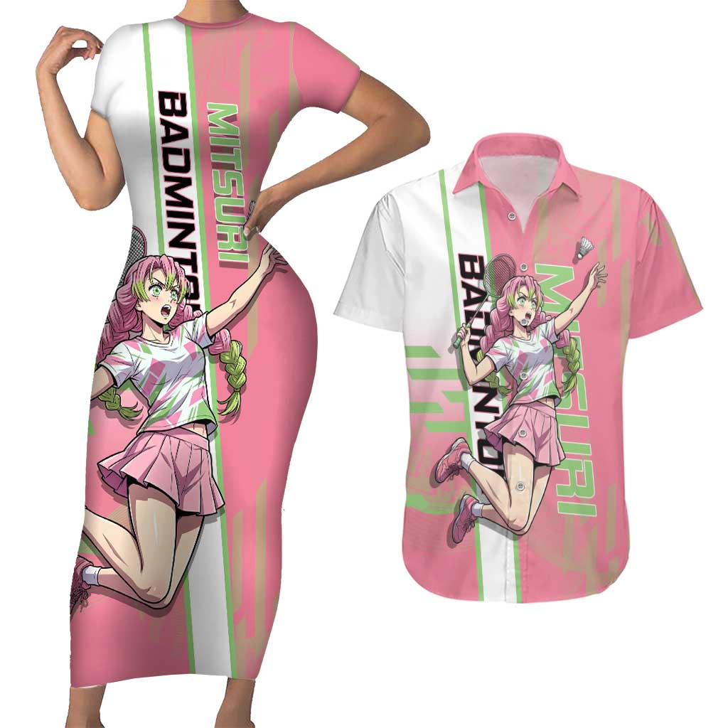 Personalized Mitsuri Kanroji Demon Slayer Badminton Couples Matching Short Sleeve Bodycon Dress and Hawaiian Shirt with Racket Action Pose and Pink Green Graphic Design - The Mazicc
