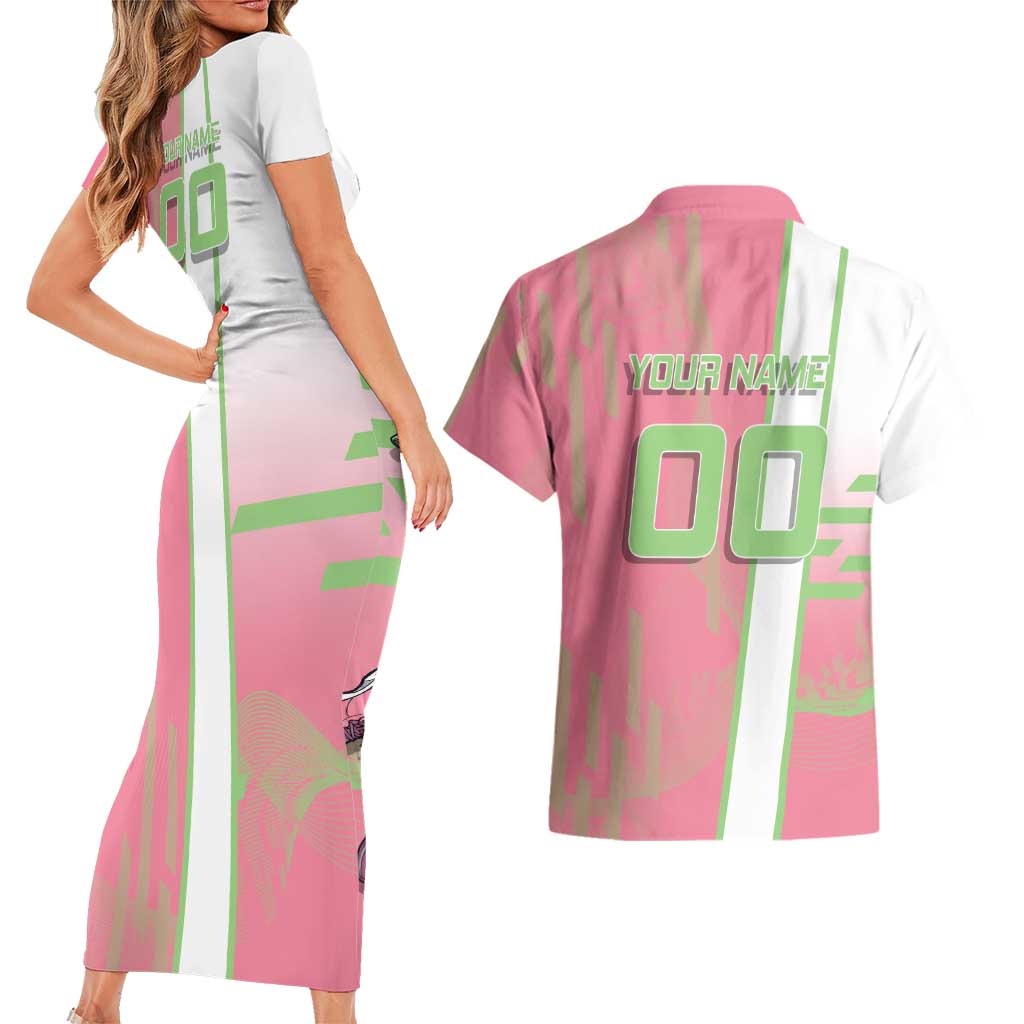 Personalized Mitsuri Kanroji Demon Slayer Badminton Couples Matching Short Sleeve Bodycon Dress and Hawaiian Shirt with Racket Action Pose and Pink Green Graphic Design - The Mazicc