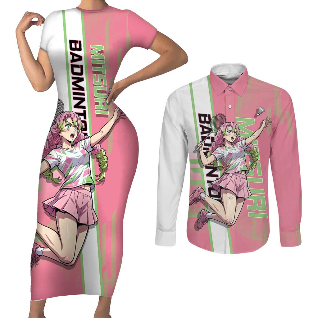 Personalized Mitsuri Kanroji Demon Slayer Badminton Couples Matching Short Sleeve Bodycon Dress and Long Sleeve Button Shirt with Racket Action Pose and Pink Green Graphic Design - The Mazicc