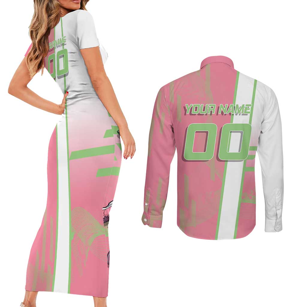 Personalized Mitsuri Kanroji Demon Slayer Badminton Couples Matching Short Sleeve Bodycon Dress and Long Sleeve Button Shirt with Racket Action Pose and Pink Green Graphic Design - The Mazicc