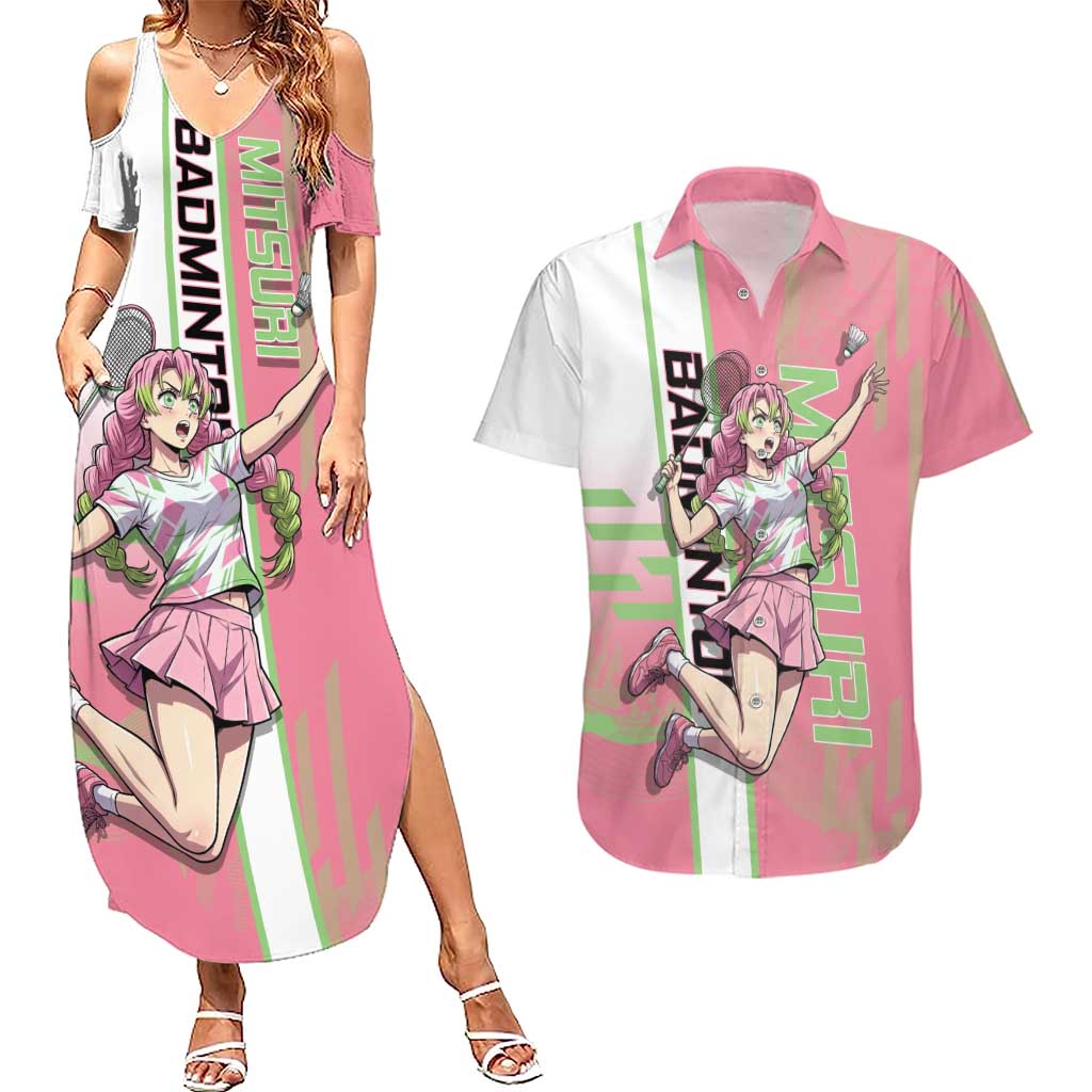 Personalized Mitsuri Kanroji Demon Slayer Badminton Couples Matching Summer Maxi Dress and Hawaiian Shirt with Racket Action Pose and Pink Green Graphic Design - The Mazicc