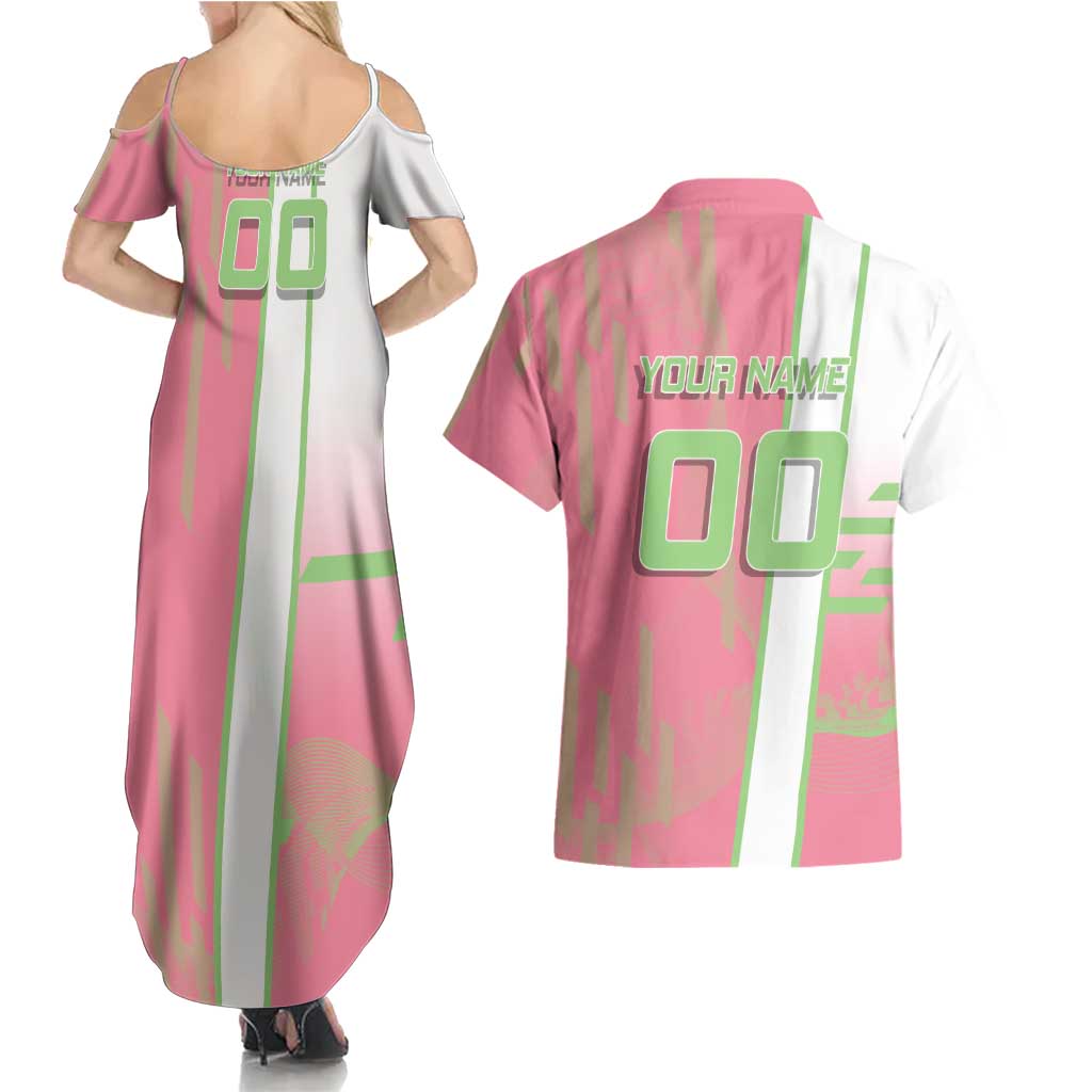 Personalized Mitsuri Kanroji Demon Slayer Badminton Couples Matching Summer Maxi Dress and Hawaiian Shirt with Racket Action Pose and Pink Green Graphic Design - The Mazicc