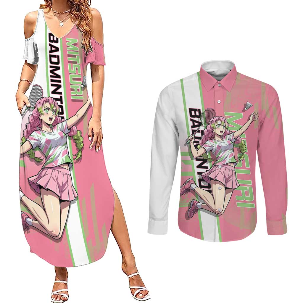 Personalized Mitsuri Kanroji Demon Slayer Badminton Couples Matching Summer Maxi Dress and Long Sleeve Button Shirt with Racket Action Pose and Pink Green Graphic Design - The Mazicc