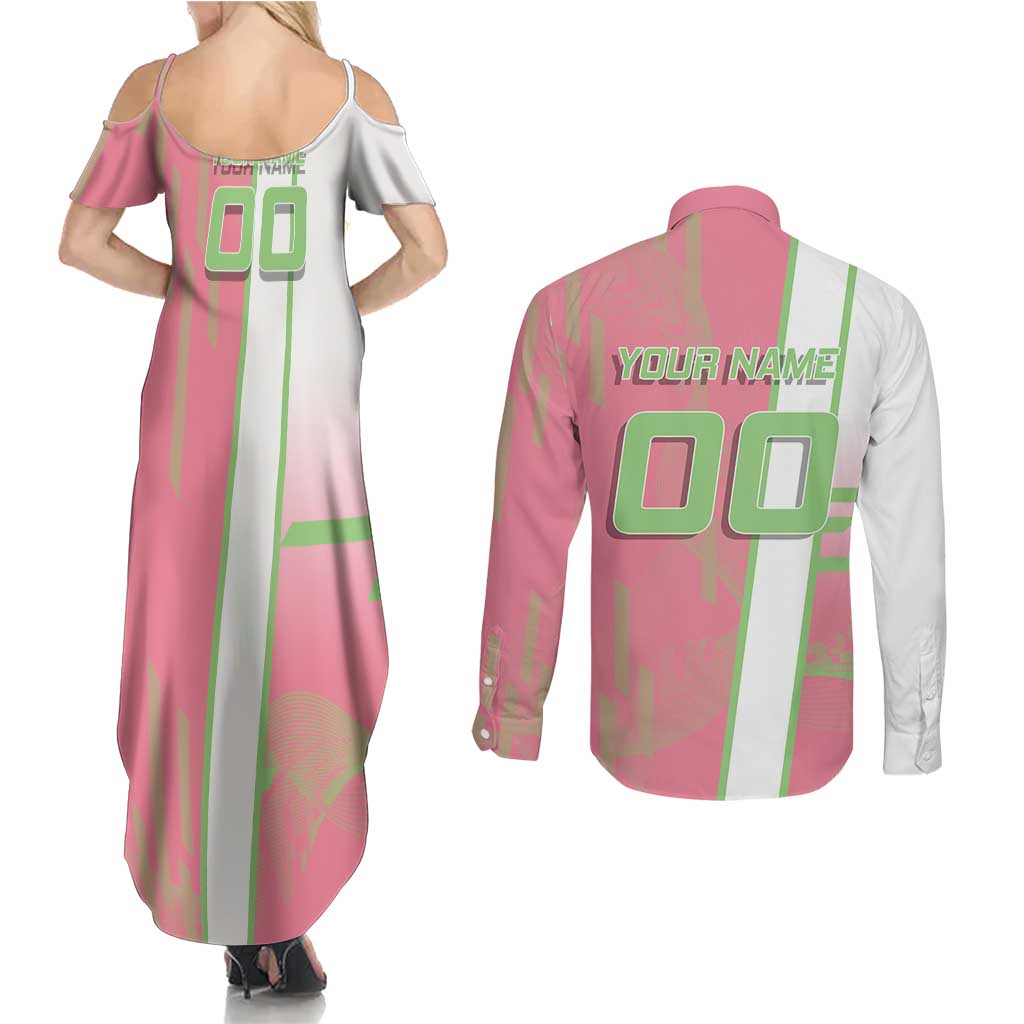 Personalized Mitsuri Kanroji Demon Slayer Badminton Couples Matching Summer Maxi Dress and Long Sleeve Button Shirt with Racket Action Pose and Pink Green Graphic Design - The Mazicc