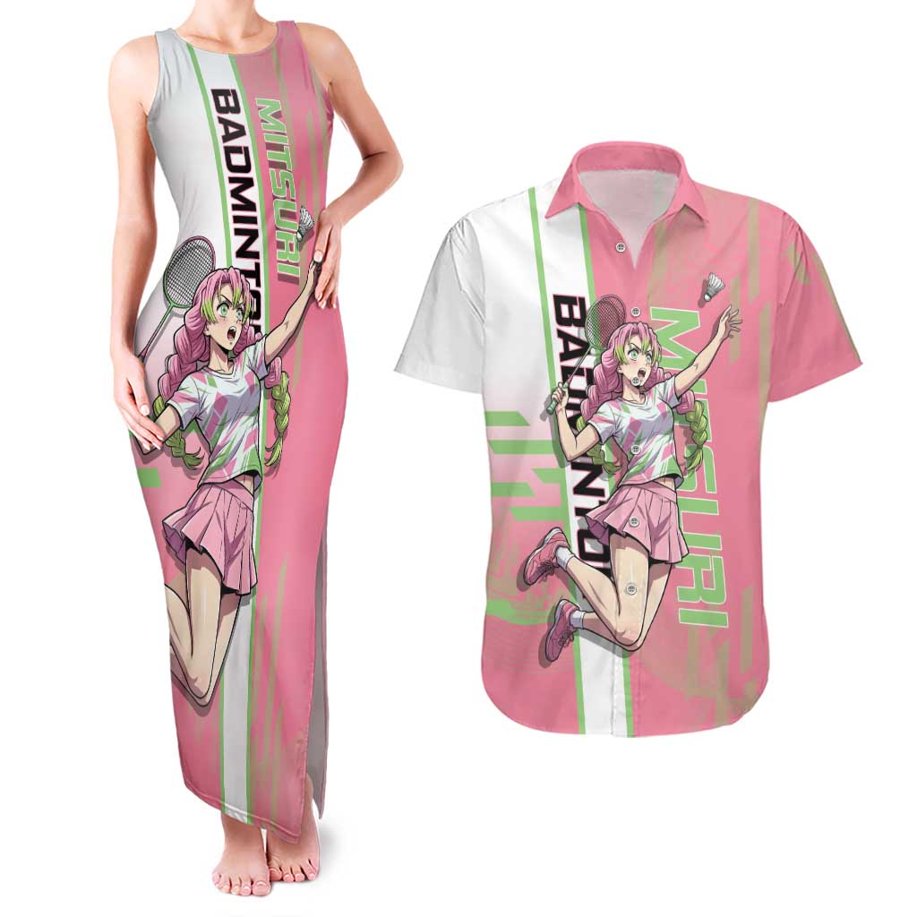 Personalized Mitsuri Kanroji Demon Slayer Badminton Couples Matching Tank Maxi Dress and Hawaiian Shirt with Racket Action Pose and Pink Green Graphic Design - The Mazicc