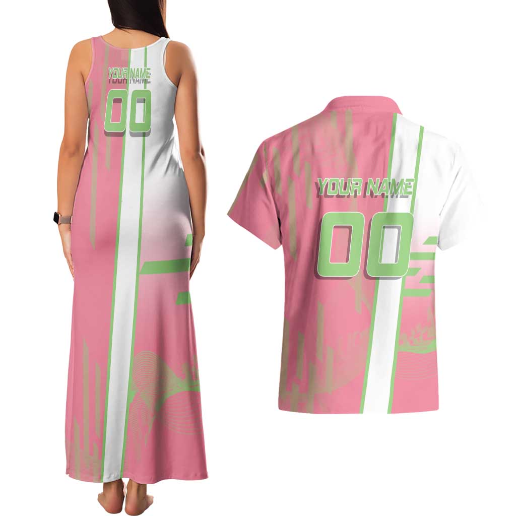 Personalized Mitsuri Kanroji Demon Slayer Badminton Couples Matching Tank Maxi Dress and Hawaiian Shirt with Racket Action Pose and Pink Green Graphic Design - The Mazicc