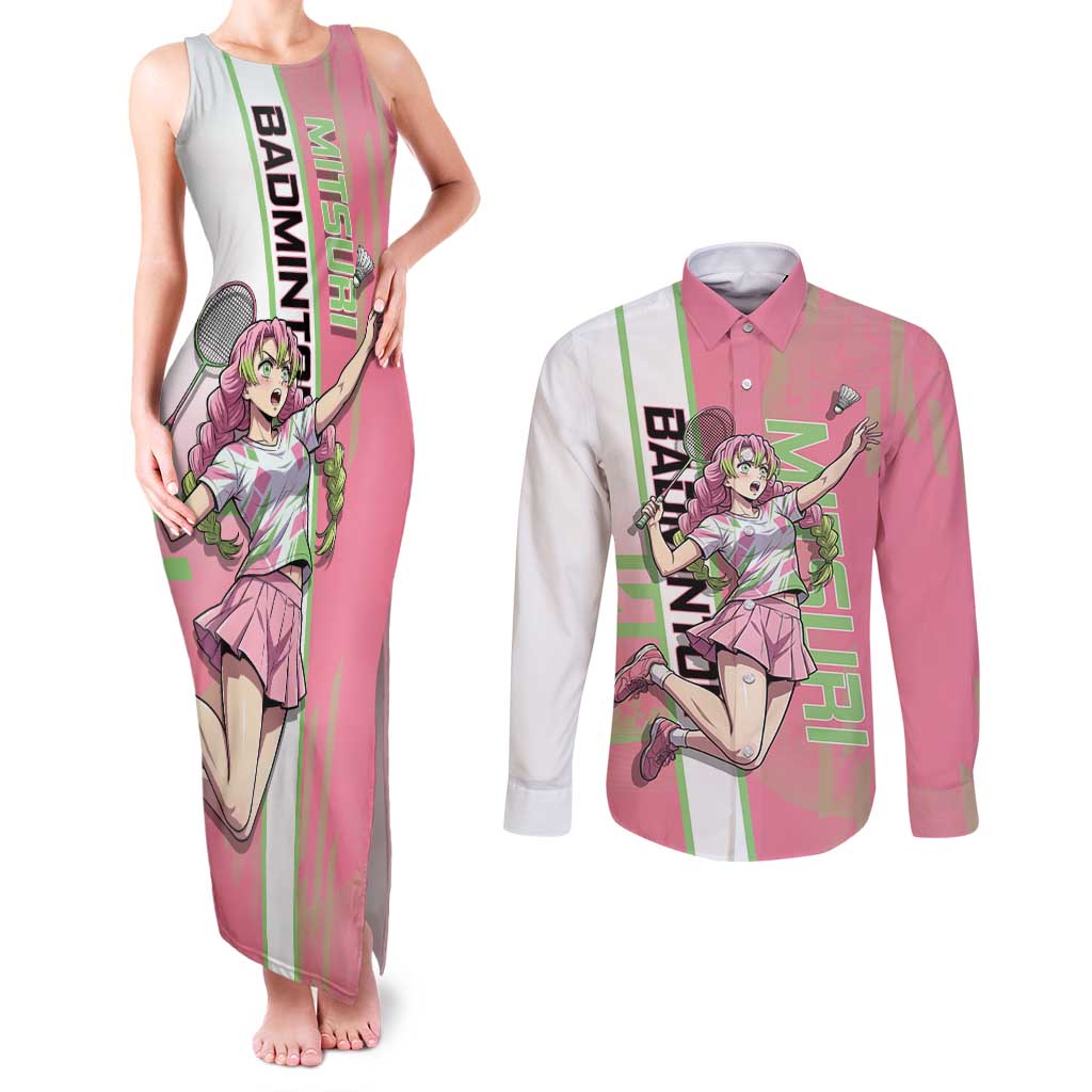 Personalized Mitsuri Kanroji Demon Slayer Badminton Couples Matching Tank Maxi Dress and Long Sleeve Button Shirt with Racket Action Pose and Pink Green Graphic Design - The Mazicc