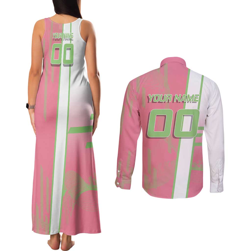 Personalized Mitsuri Kanroji Demon Slayer Badminton Couples Matching Tank Maxi Dress and Long Sleeve Button Shirt with Racket Action Pose and Pink Green Graphic Design - The Mazicc