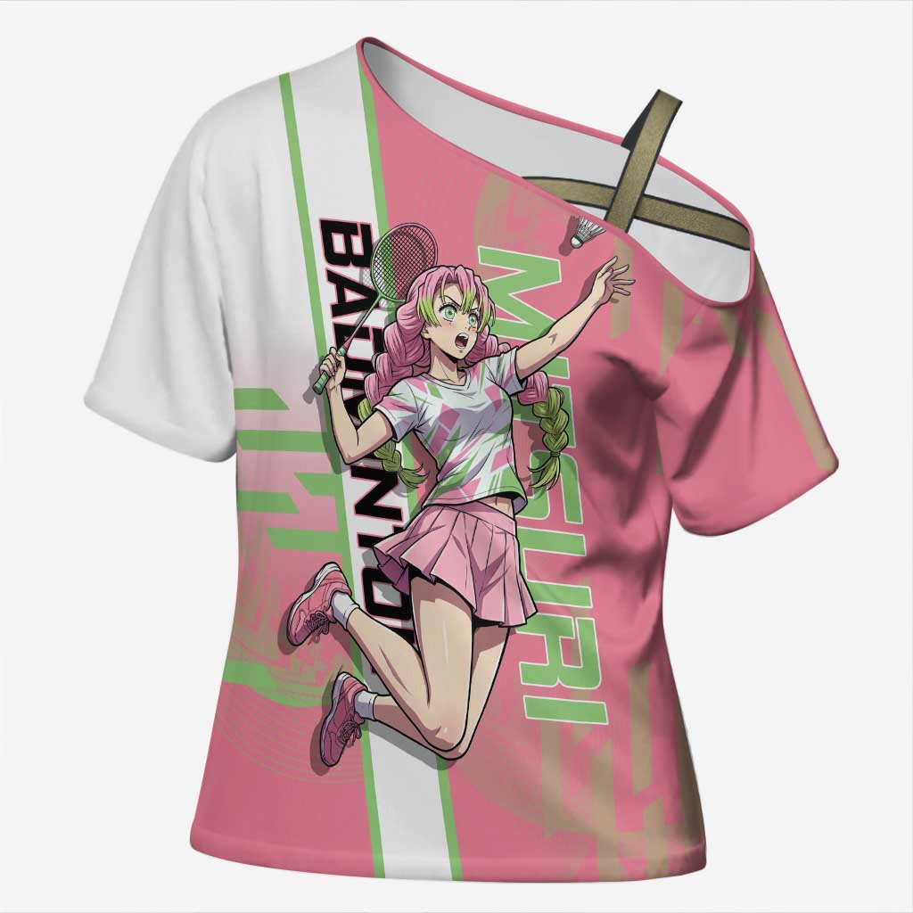 Personalized Mitsuri Kanroji Demon Slayer Badminton Cross Shoulder Shirt with Racket Action Pose and Pink Green Graphic Design - The Mazicc