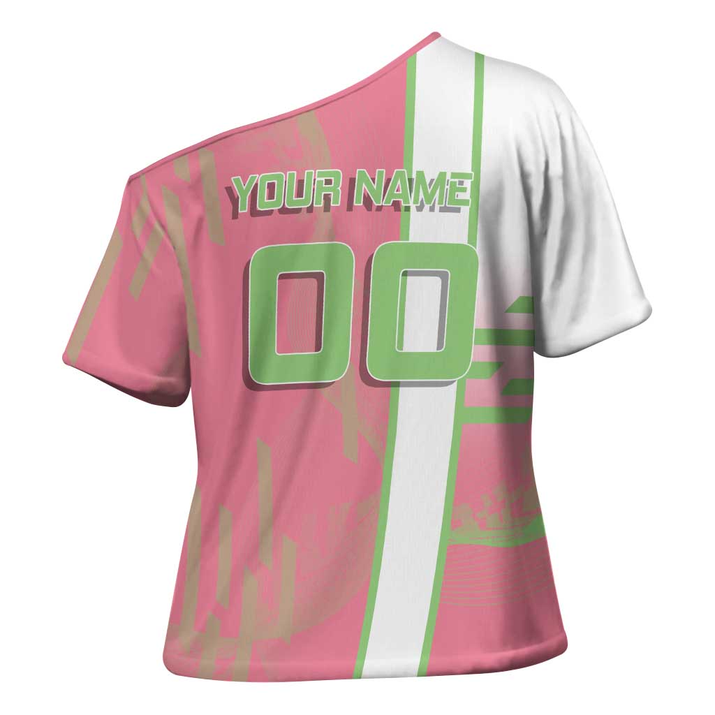 Personalized Mitsuri Kanroji Demon Slayer Badminton Cross Shoulder Shirt with Racket Action Pose and Pink Green Graphic Design - The Mazicc