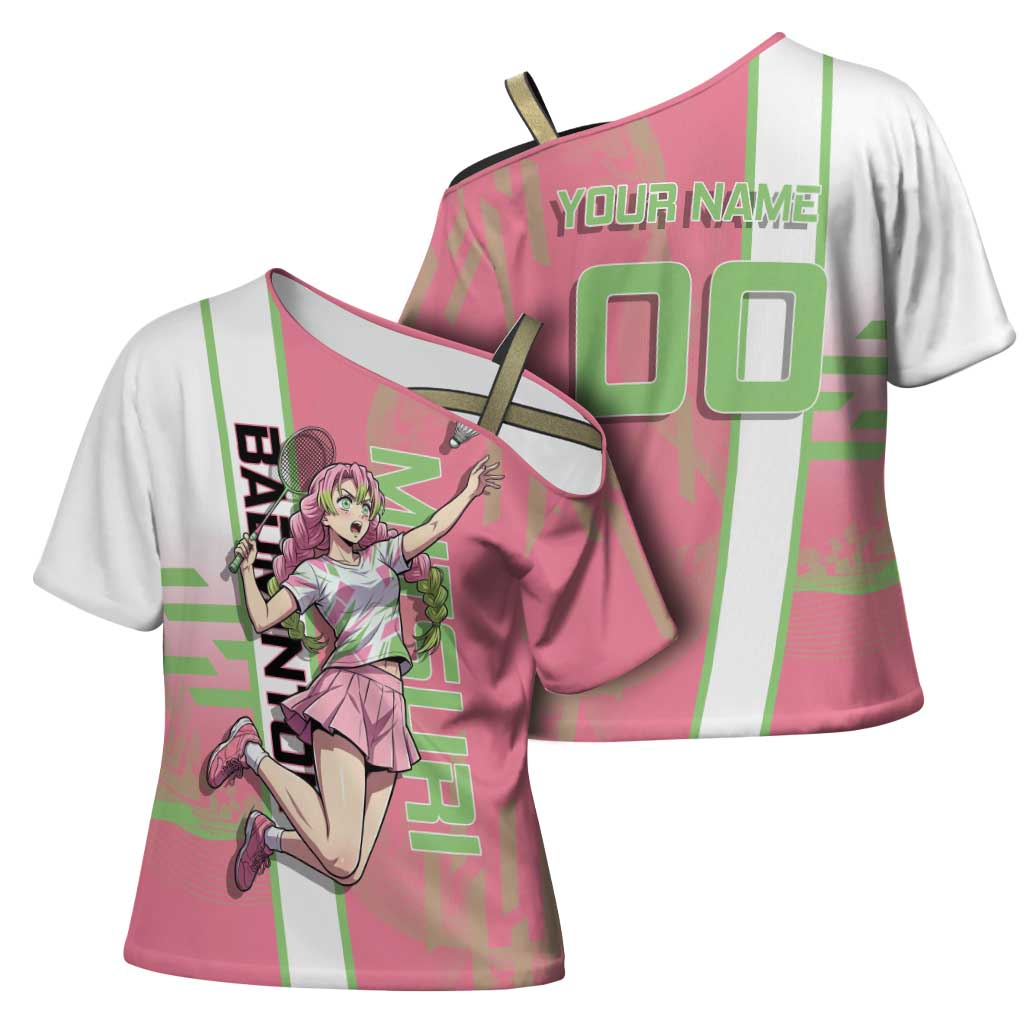 Personalized Mitsuri Kanroji Demon Slayer Badminton Cross Shoulder Shirt with Racket Action Pose and Pink Green Graphic Design - The Mazicc