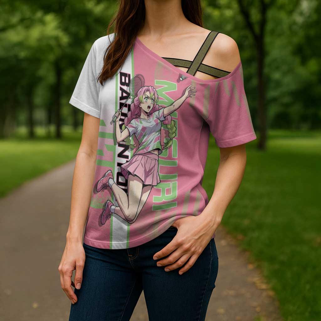 Personalized Mitsuri Kanroji Demon Slayer Badminton Cross Shoulder Shirt with Racket Action Pose and Pink Green Graphic Design - The Mazicc