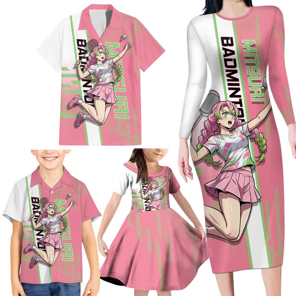 Personalized Mitsuri Kanroji Demon Slayer Badminton Family Matching Long Sleeve Bodycon Dress and Hawaiian Shirt with Racket Action Pose and Pink Green Graphic Design