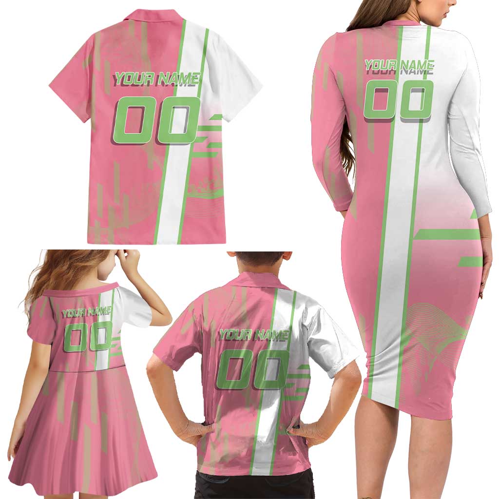 Personalized Mitsuri Kanroji Demon Slayer Badminton Family Matching Long Sleeve Bodycon Dress and Hawaiian Shirt with Racket Action Pose and Pink Green Graphic Design