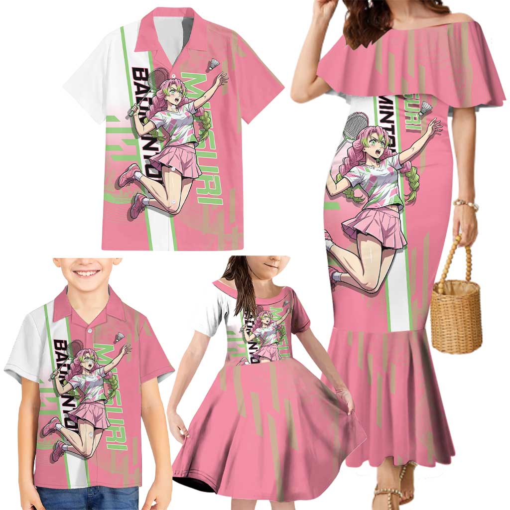 Personalized Mitsuri Kanroji Demon Slayer Badminton Family Matching Mermaid Dress and Hawaiian Shirt with Racket Action Pose and Pink Green Graphic Design