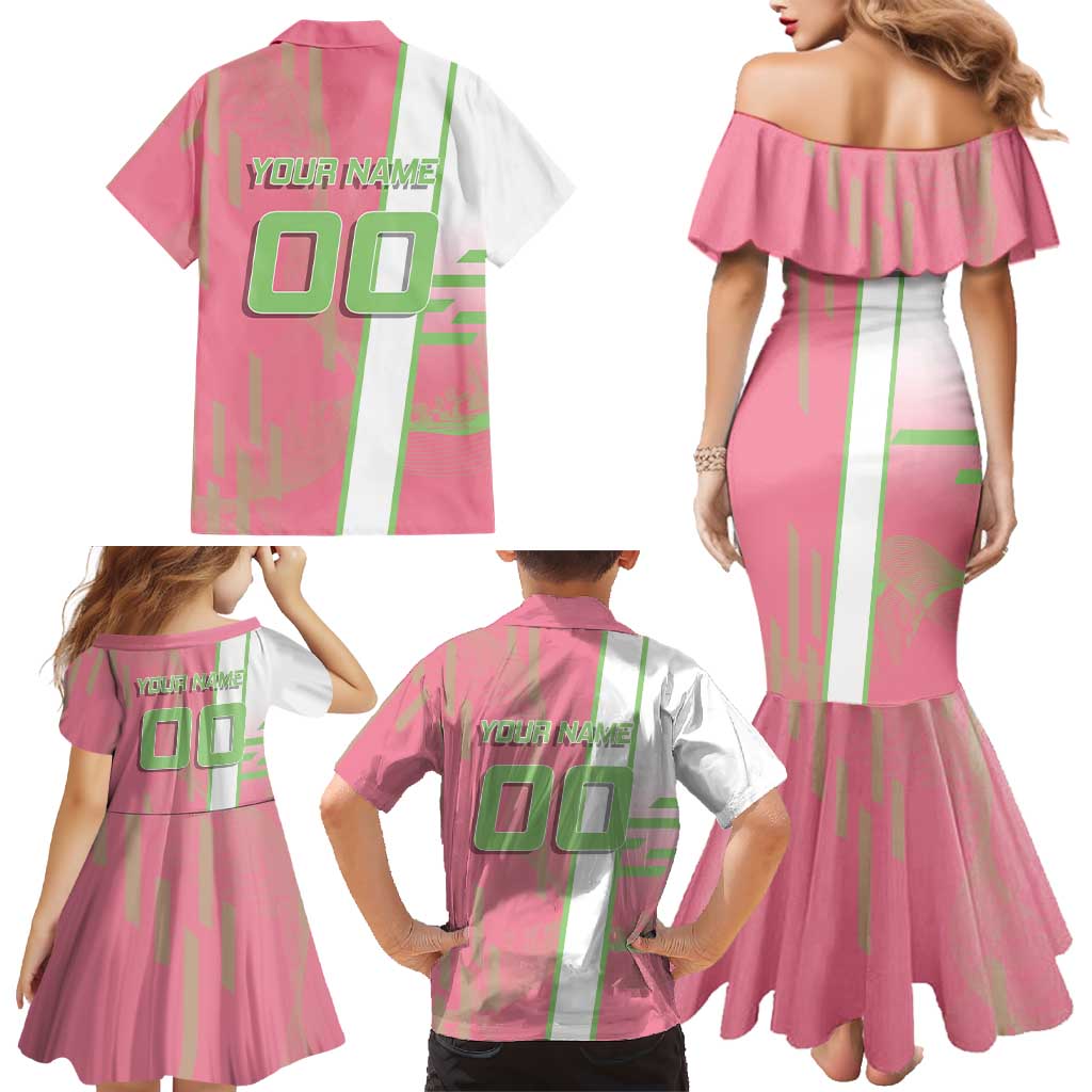 Personalized Mitsuri Kanroji Demon Slayer Badminton Family Matching Mermaid Dress and Hawaiian Shirt with Racket Action Pose and Pink Green Graphic Design