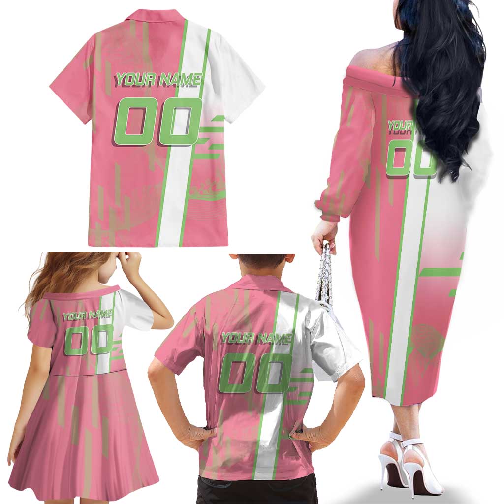 Personalized Mitsuri Kanroji Demon Slayer Badminton Family Matching Off The Shoulder Long Sleeve Dress and Hawaiian Shirt with Racket Action Pose and Pink Green Graphic Design