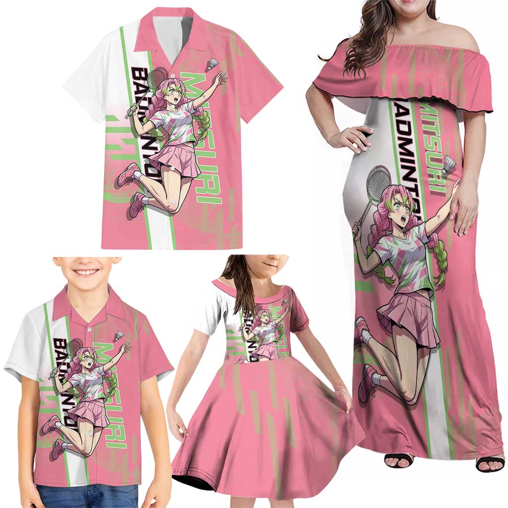 Personalized Mitsuri Kanroji Demon Slayer Badminton Family Matching Off Shoulder Maxi Dress and Hawaiian Shirt with Racket Action Pose and Pink Green Graphic Design