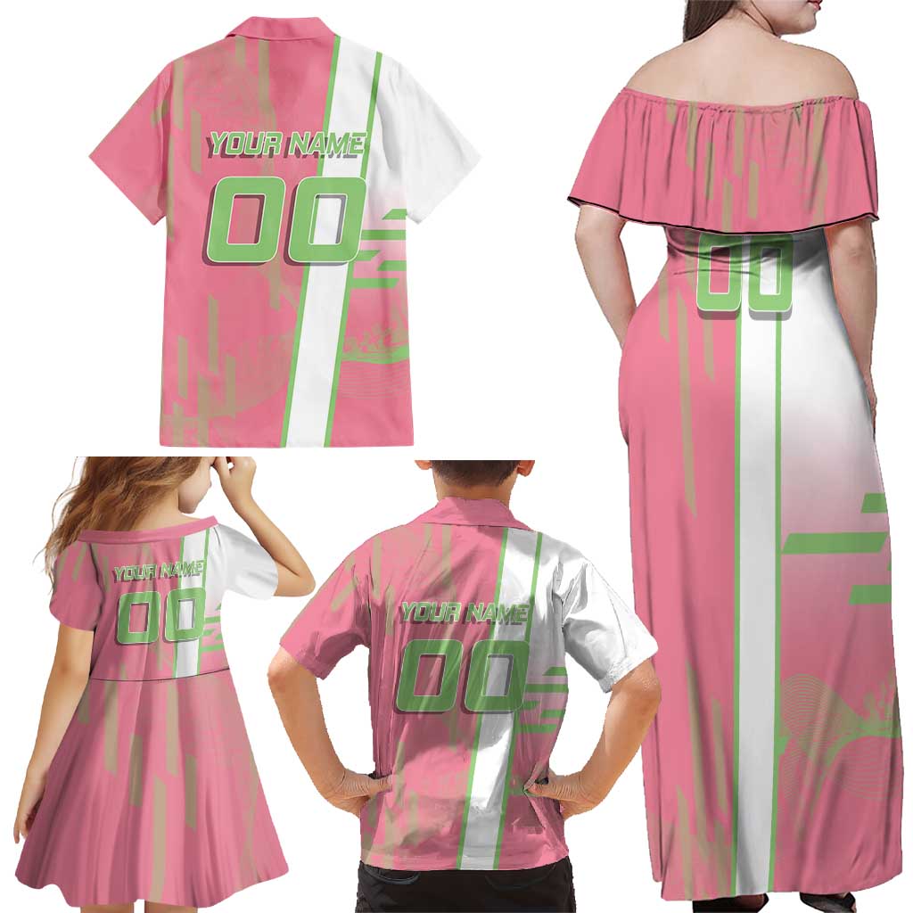 Personalized Mitsuri Kanroji Demon Slayer Badminton Family Matching Off Shoulder Maxi Dress and Hawaiian Shirt with Racket Action Pose and Pink Green Graphic Design