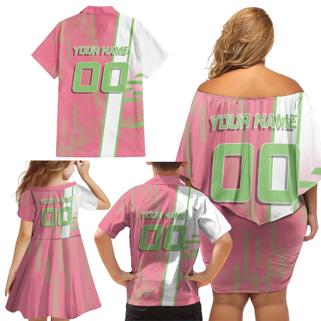 Personalized Mitsuri Kanroji Demon Slayer Badminton Family Matching Off Shoulder Short Dress and Hawaiian Shirt with Racket Action Pose and Pink Green Graphic Design
