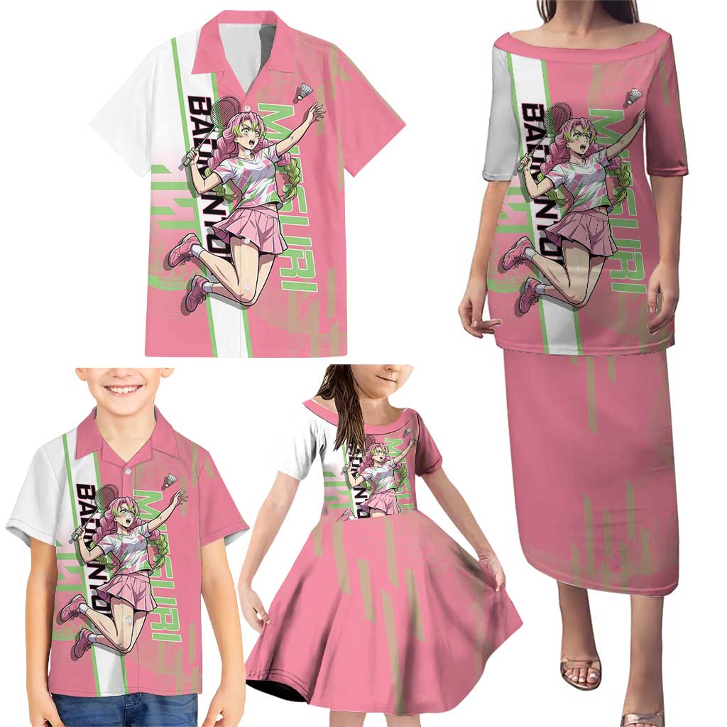 Personalized Mitsuri Kanroji Demon Slayer Badminton Family Matching Puletasi and Hawaiian Shirt with Racket Action Pose and Pink Green Graphic Design