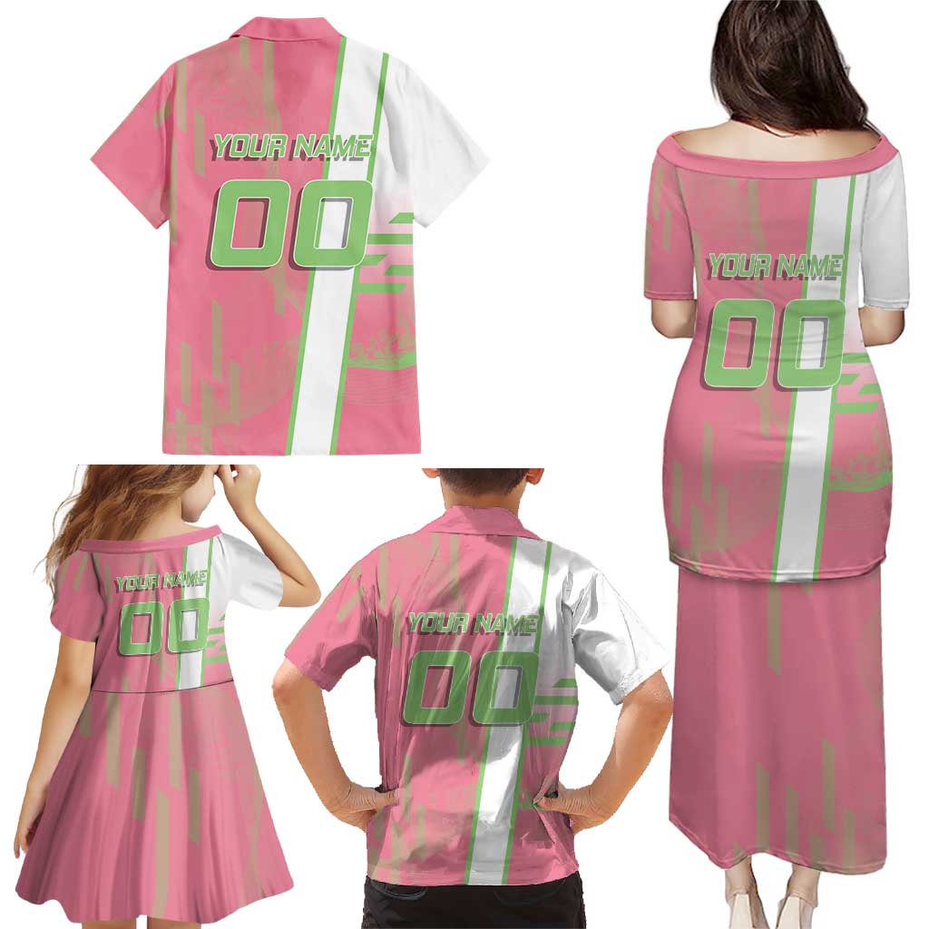 Personalized Mitsuri Kanroji Demon Slayer Badminton Family Matching Puletasi and Hawaiian Shirt with Racket Action Pose and Pink Green Graphic Design