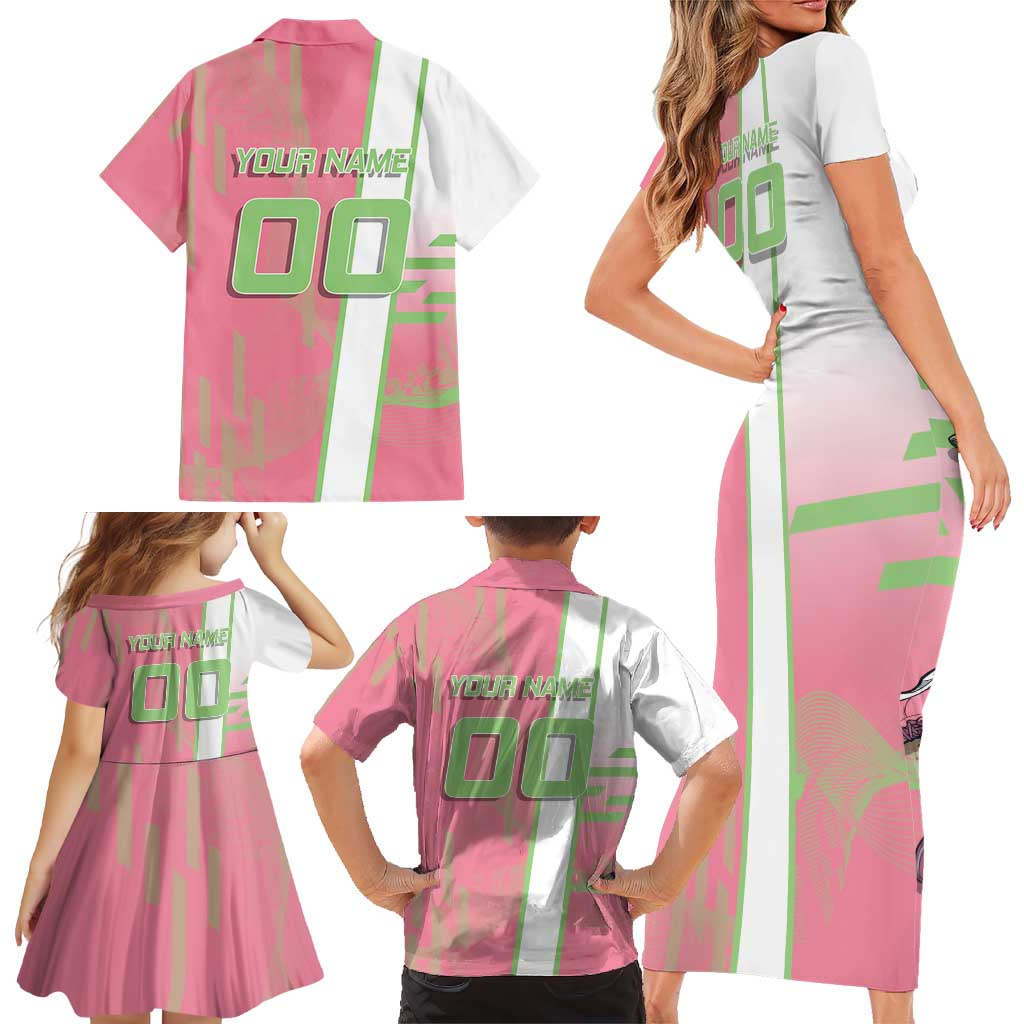 Personalized Mitsuri Kanroji Demon Slayer Badminton Family Matching Short Sleeve Bodycon Dress and Hawaiian Shirt with Racket Action Pose and Pink Green Graphic Design