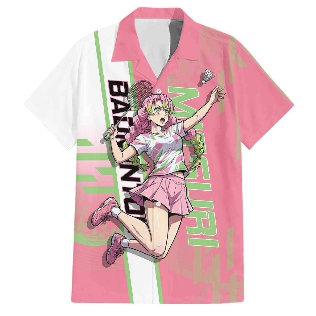 Personalized Mitsuri Kanroji Demon Slayer Badminton Family Matching Short Sleeve Bodycon Dress and Hawaiian Shirt with Racket Action Pose and Pink Green Graphic Design