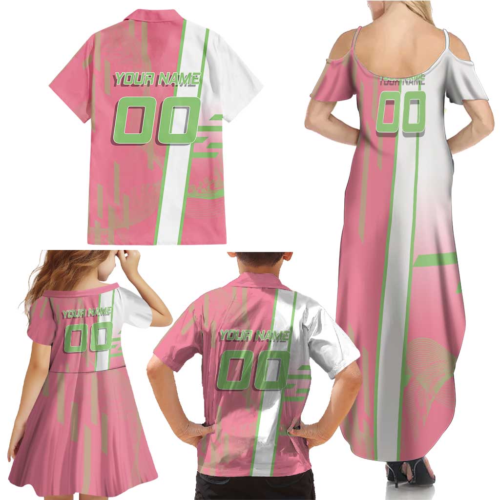 Personalized Mitsuri Kanroji Demon Slayer Badminton Family Matching Summer Maxi Dress and Hawaiian Shirt with Racket Action Pose and Pink Green Graphic Design