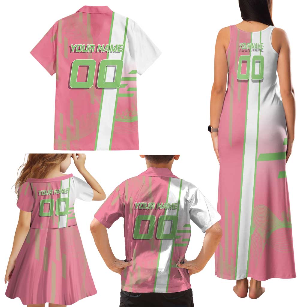 Personalized Mitsuri Kanroji Demon Slayer Badminton Family Matching Tank Maxi Dress and Hawaiian Shirt with Racket Action Pose and Pink Green Graphic Design