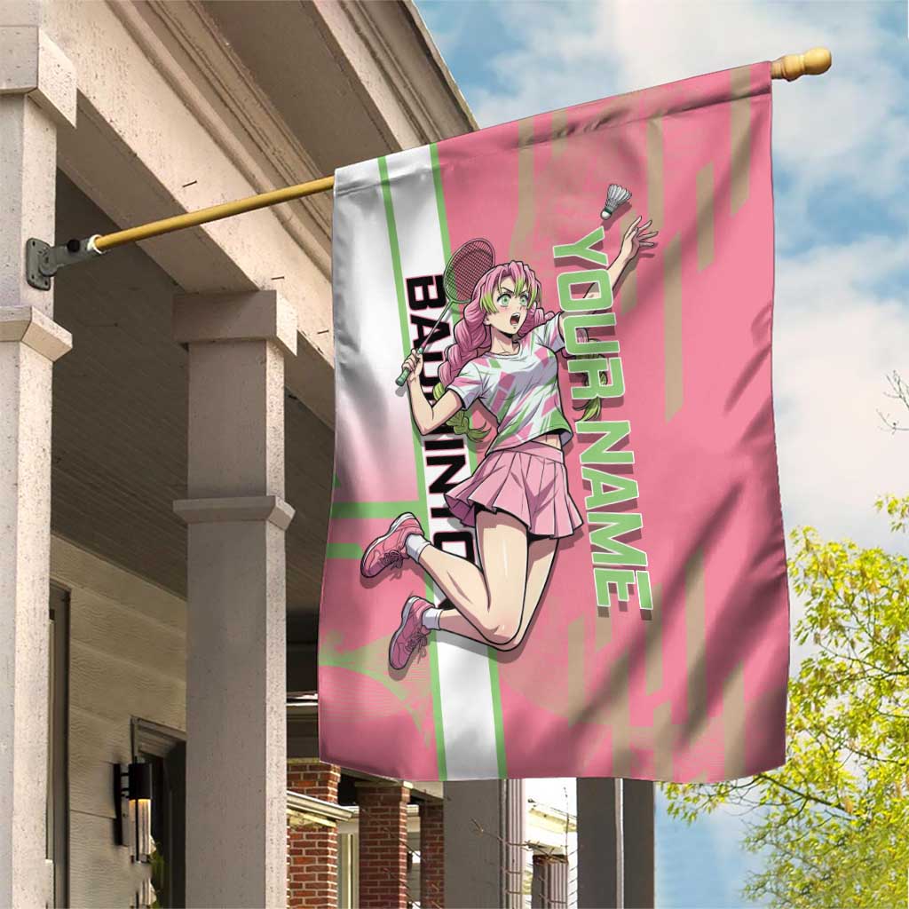 Personalized Mitsuri Kanroji Demon Slayer Badminton Garden Flag with Racket Action Pose and Pink Green Graphic Design - The Mazicc